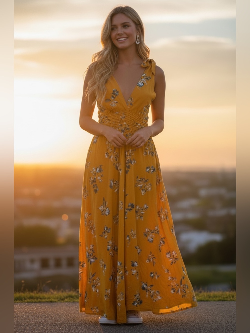 Annabella Mustard Floral Tie-Strap Maxi Dress